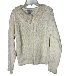 Vintage Womens Knit Sweater Cardigan Lace Eyelet Cottagecore Coquette Grannycore